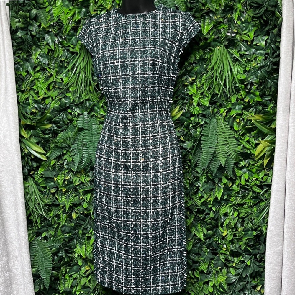 Ann Taylor Dress Size 8P Green Tweed Plaid Sequin Sheath Cap Sleeve 4163